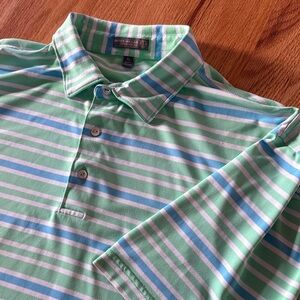 PETER MILLAR Summer Comfort Green and Blue Striped Polo Collared Golf Shirt, XL